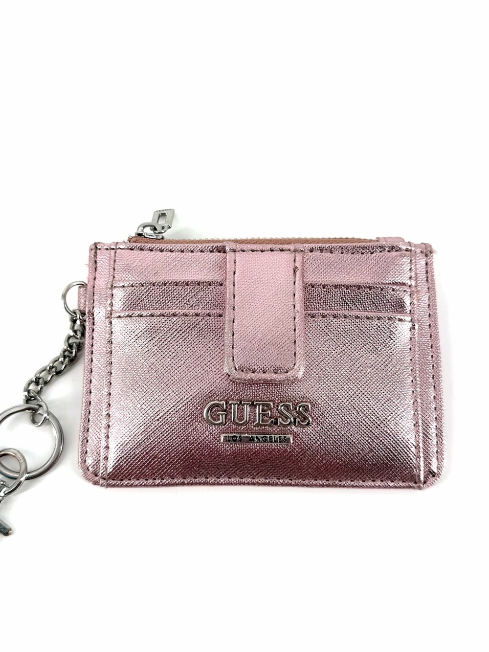 Guess Metallic Vibrant Rose Pink Card Holder Wallet Keychain Feminie Chic